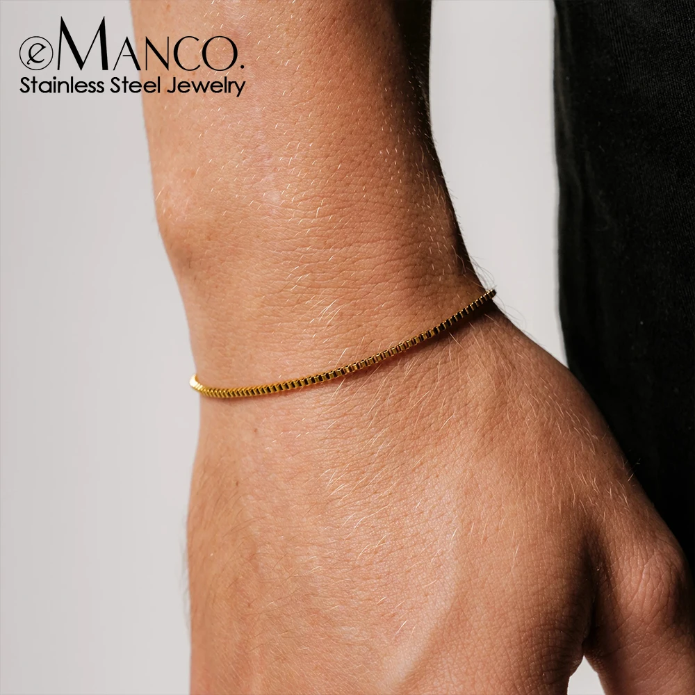 EManco Fashion Jewelry Stainless Steel 18k Gold PVD Plated Box Chain Bracelet Rectangle Charm Hand Chain Bracelets for Men