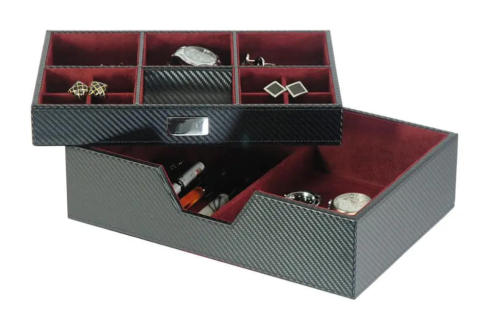 Red Velvet Black Leather Valet Tray for Jewelry Keys Watch Storage Organizer On Tablet (2)