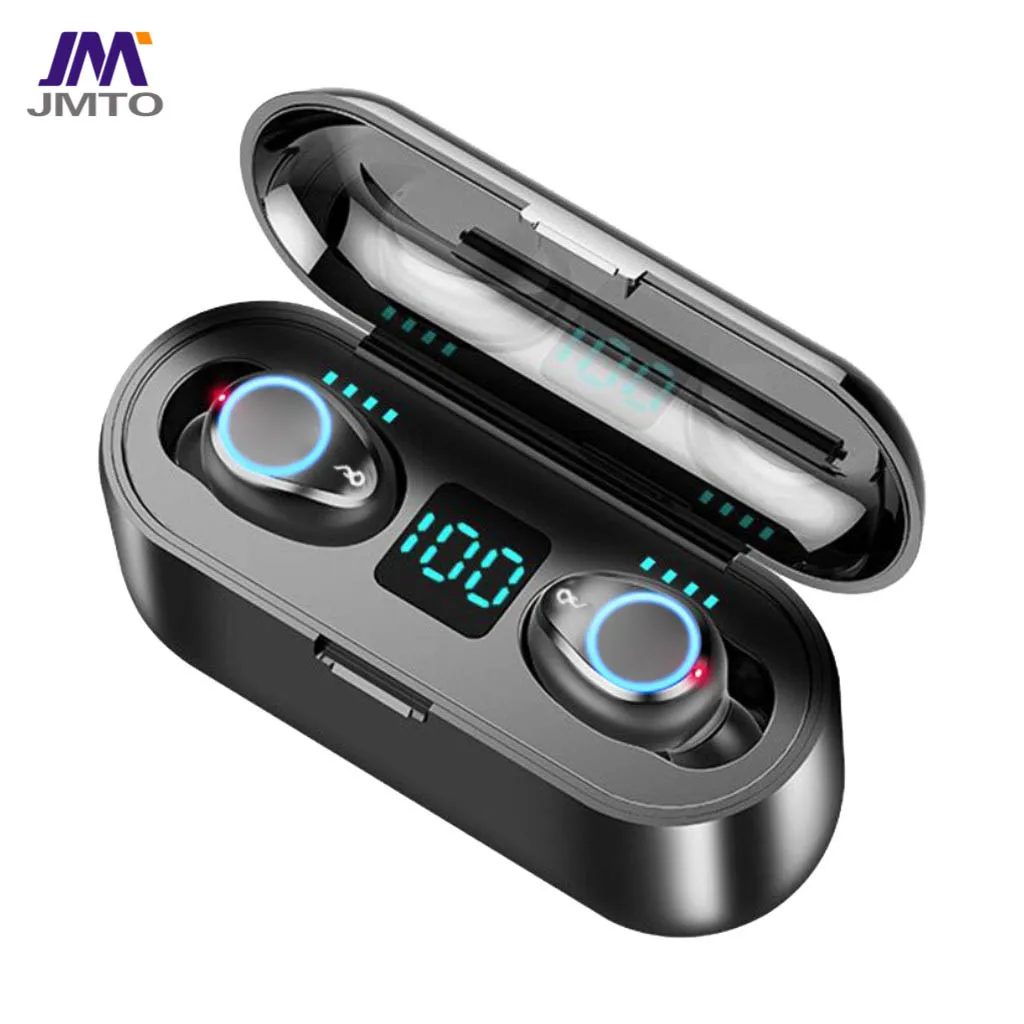 

Wireless earbuds with 2000mah charging cell kulaklik earpiece F9 earphone fon kepala TWS earbuds led, Black