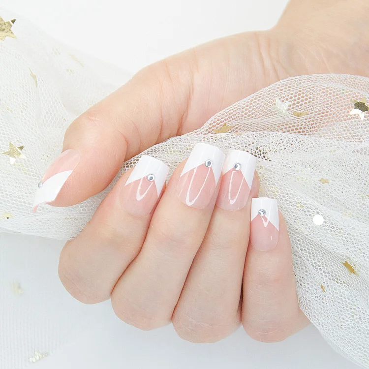 

Press on false nails salon french crystal gem nails artificial fingernails