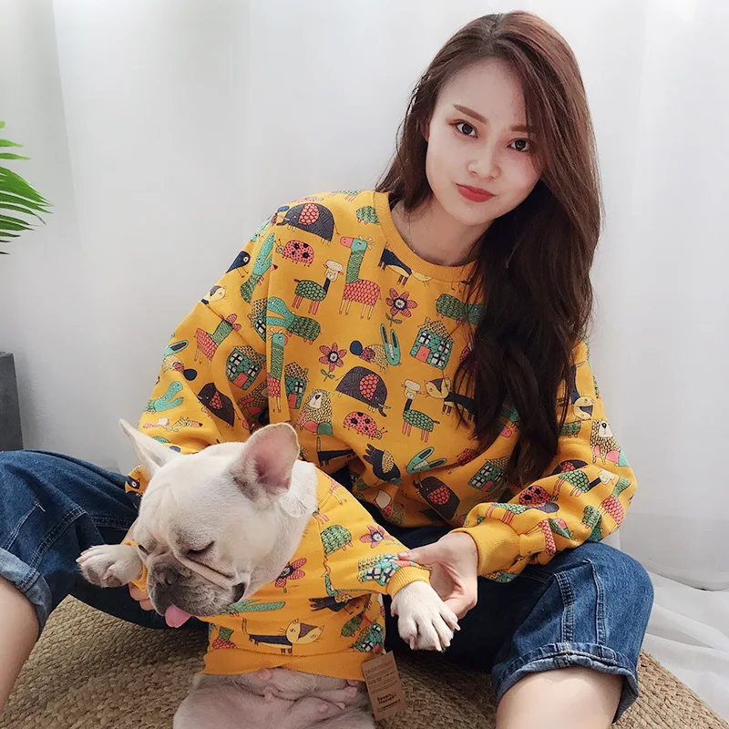 

Autumn Winter Warm Velvet Pet Clothes Cartoon Printed Puppy Dog Cat Two-legged Clothes Matching Dog and Owner Clothes, As picture