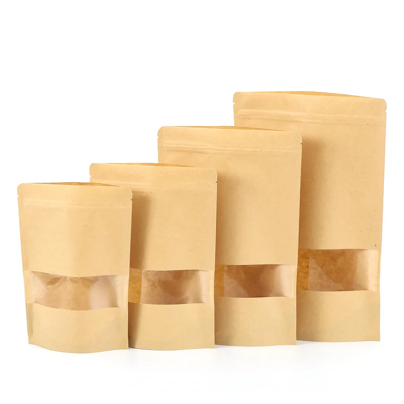

biodegradable brown kraft paper stand up pouch ziplock custom sizes doypack with window for snack coffee tea packaging food bag