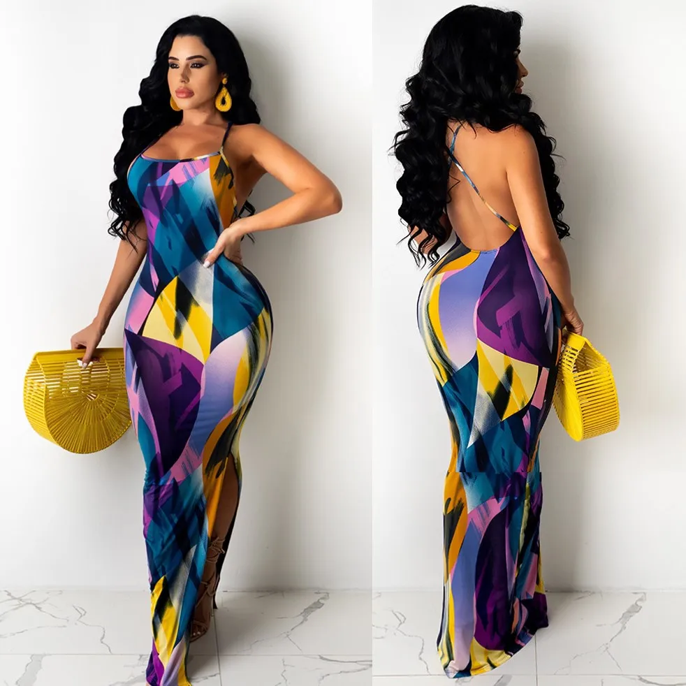

2021 Summer Women Boutique Clothing Night Club Maxi Dress Colorful Print Backless Sleeveless High Slit Sexy Ladies Dresses, Purple