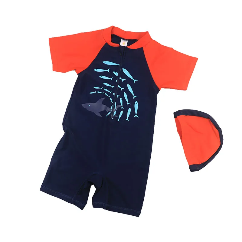 

Kids beach leisure sportswear, sun hat, boys and children, one-piece swimsuit, swimming trunks, quick-drying, pattern: fish