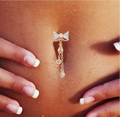 

Cute Body Piercing Jewelry Stainless Steel Zircon Bowknot Belly Ring, As pic