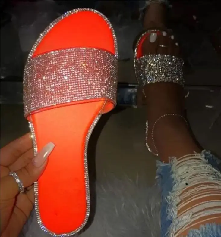 

New Arrival Fashionable INS Flat Rhinestone One Strap Ladies Slippers Sandals