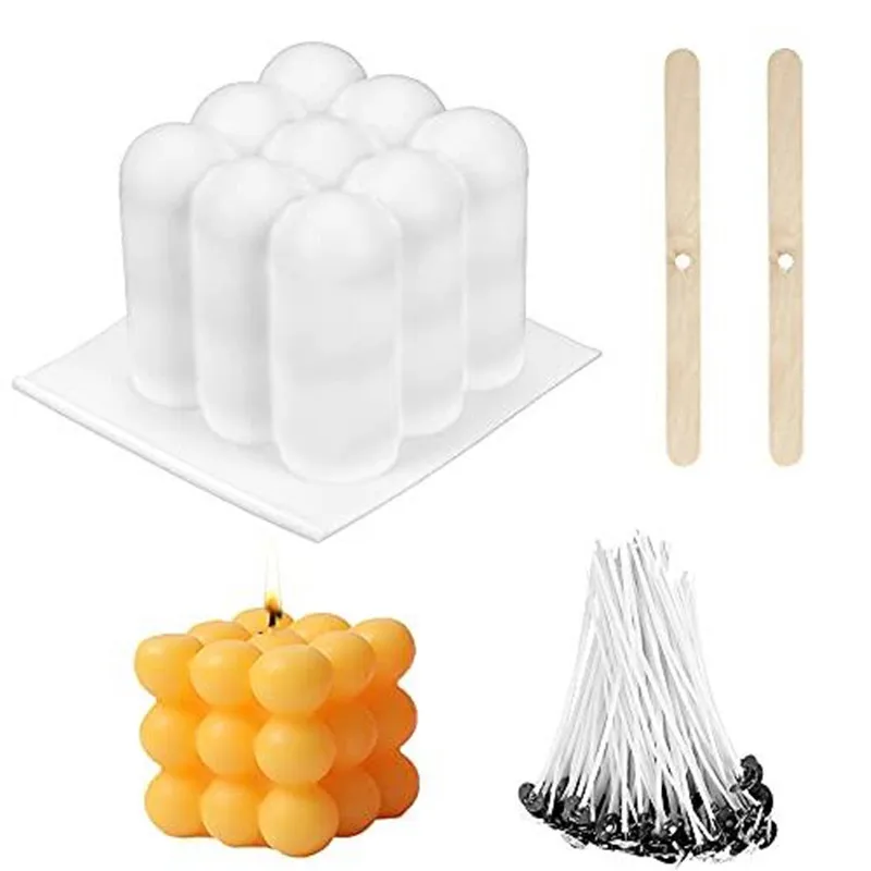 

3D Bubble Cube Silicone Soy Candle Molds with 50 Pcs Candle Wicks for DIY Making Candle