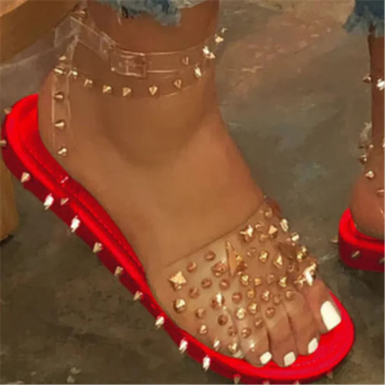 

EB-2021010728 Plus Size Women Rivet Sandals Ankle Strap Line Style Buckle Ladies Transparent Bling Slippers Flats Summer Shoes