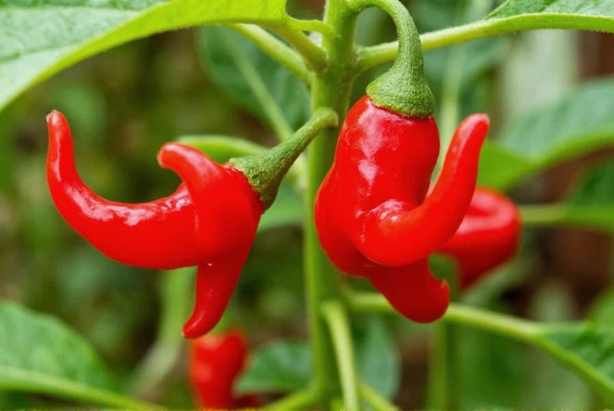 Close-up photography of Carolina Reaper peppers on plant showing vibrant red color and distinctive stinger tail