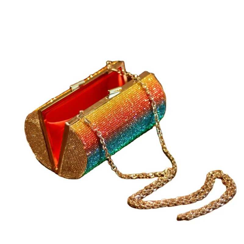 

Rhinestone Rainbow Women Dinner Bag Fashion Cross Body Party Cylinder Evening Bags