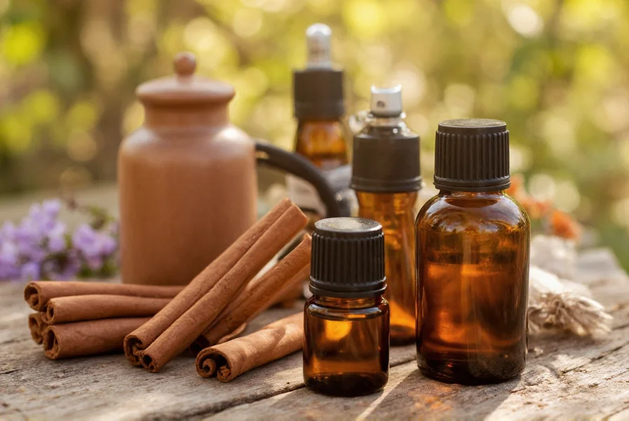 Close-up photography of cinnamon sticks, essential oil bottles, and perfume atomizers arranged on a rustic wooden surface with soft natural lighting