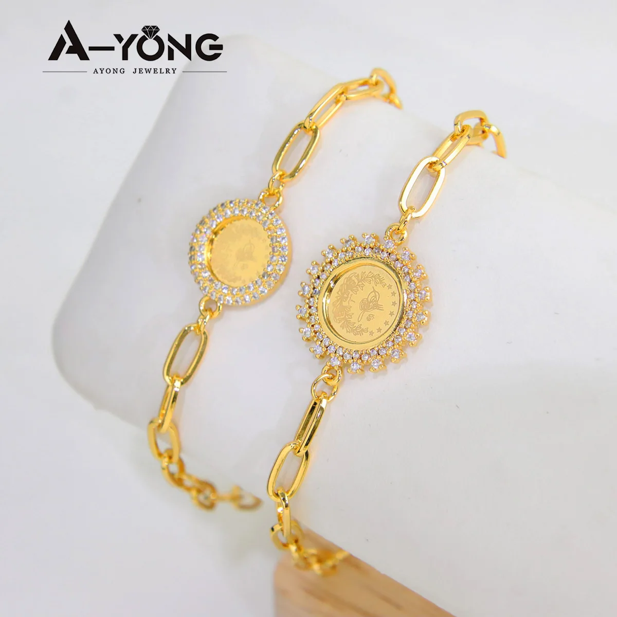 

Luxury Waterproof Turkish Zirconia Coin Bracelet 18k Real Gold Looking Jewelry Bracelet For Lady