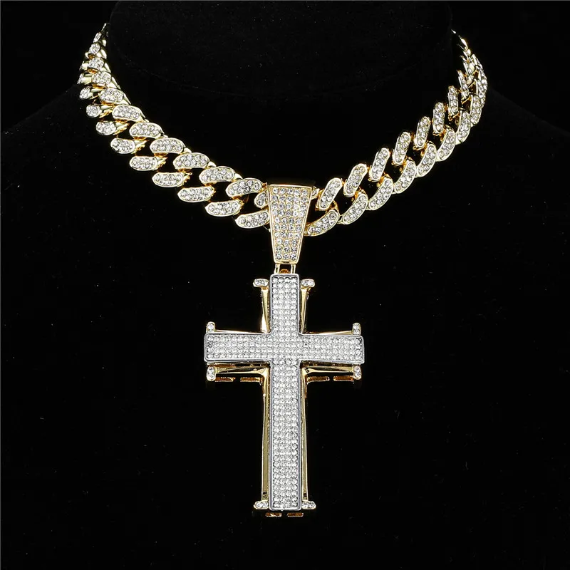 

Fashion Jewelry Pendants Hip Hop Gold Plated Crystal Pendant Necklace Men Iced Out Diamond Cross Pendant With Cuban Chain