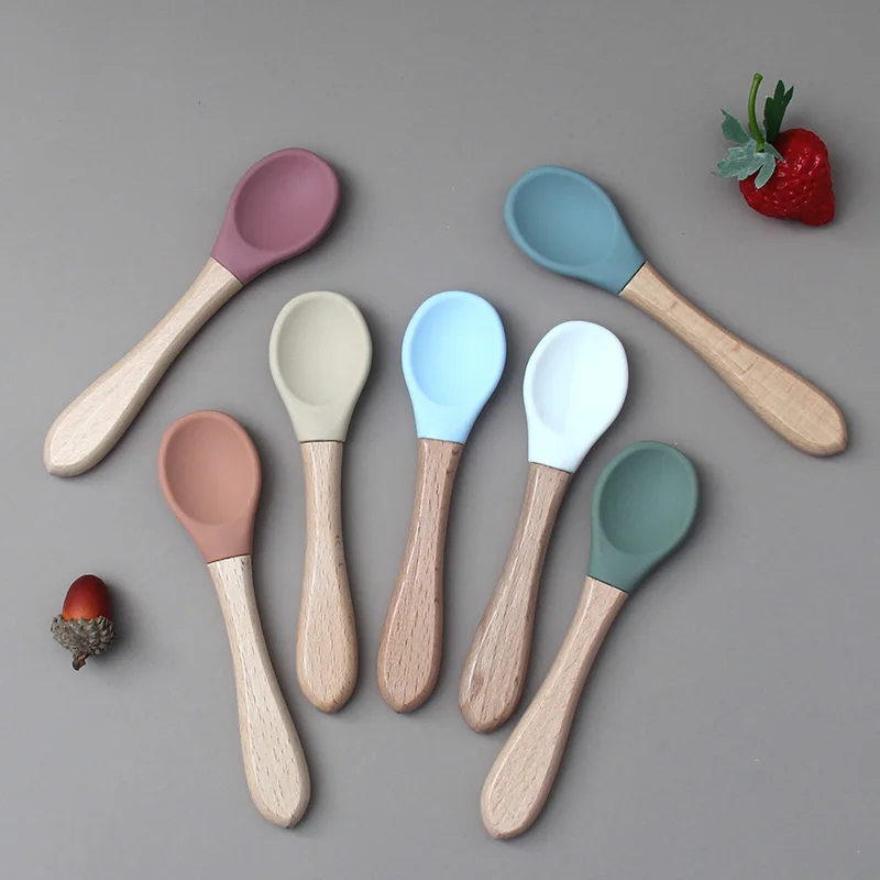 

High Quality Food safety Bamboo silicone colored royal cutlery set for table ware spoon for toddlers, 7 colors in stock, weclome custo colors