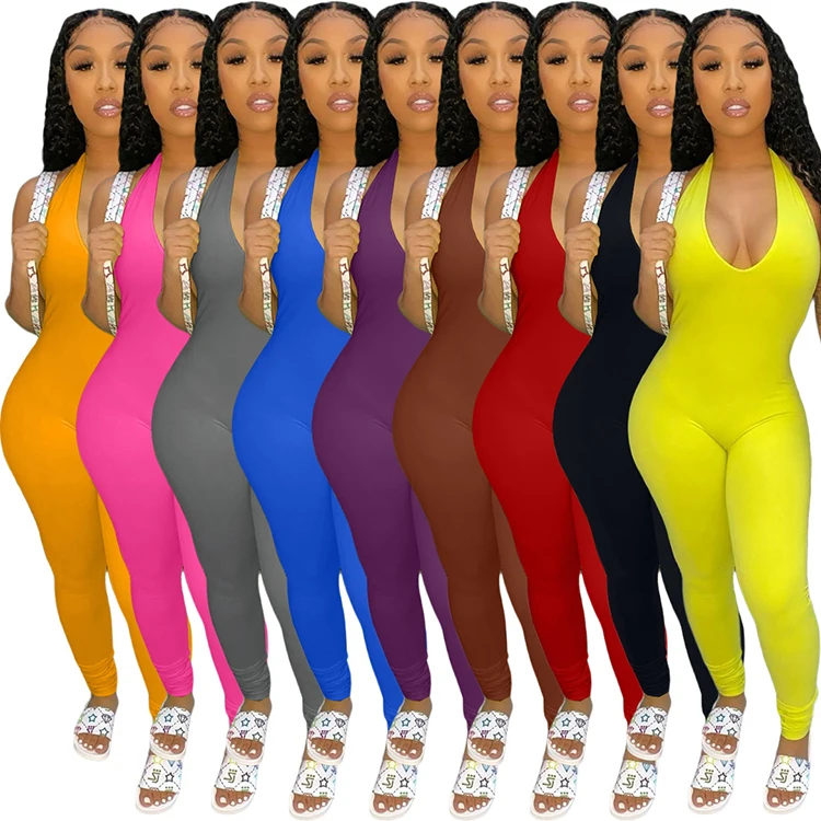 

Ready To ship Wholesale Solid Backless Stacked Pant Draped Ladies One Piece Jumpsuits And Rompers Women's Full Length Bodysuits