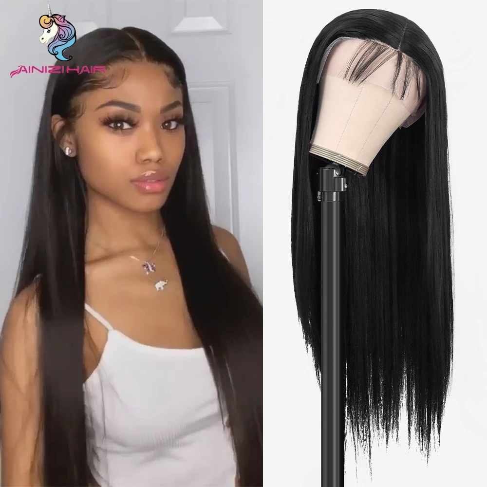 

Straight Lace Front Wig Synthetic Wigs For Women Black Cosplay 26 Inch Lace Frontal Natural Hair 180% density T Part Lace Wigs