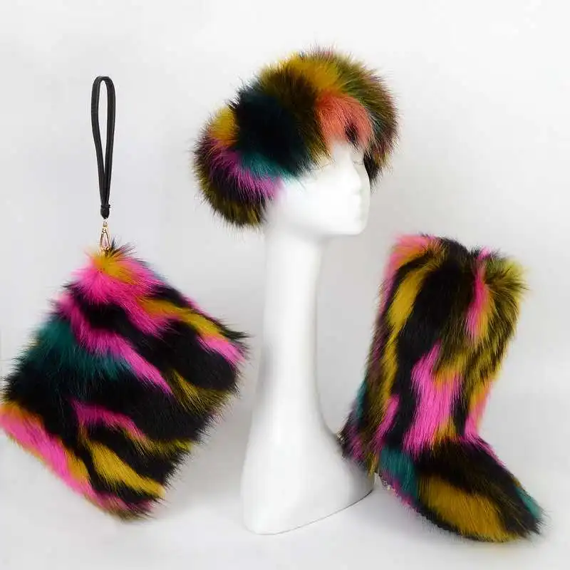 

factory direct wholesale women 2020 fur boots fur hat and boots faux fur snow boots matching purse and headband, Customized color