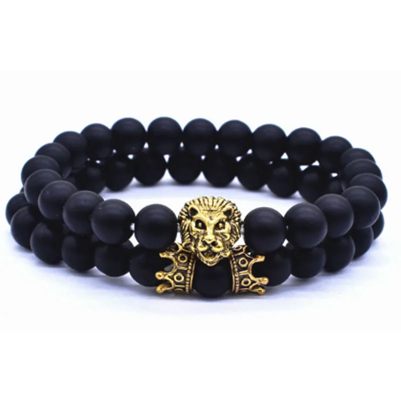 

New fashion retro lion head and crown Charm Bracelet 8mm lava stone men's jewelry bracelet