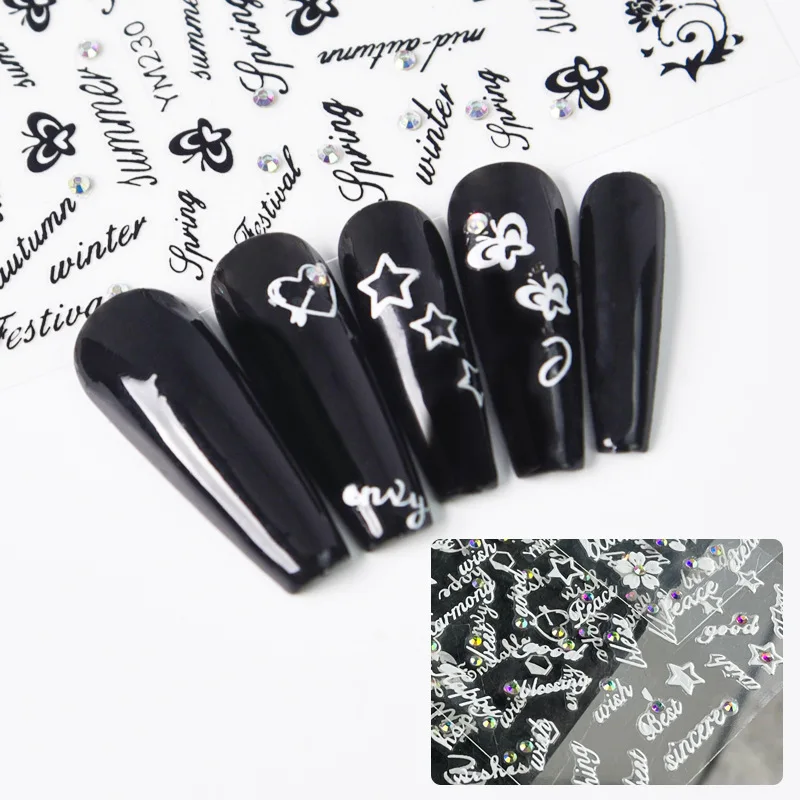 

Wholesale roman alphabet letters nail art sticker with AB drill Star butterfly heart nail art decorations gel nail sticker, Black/white/gold/silver