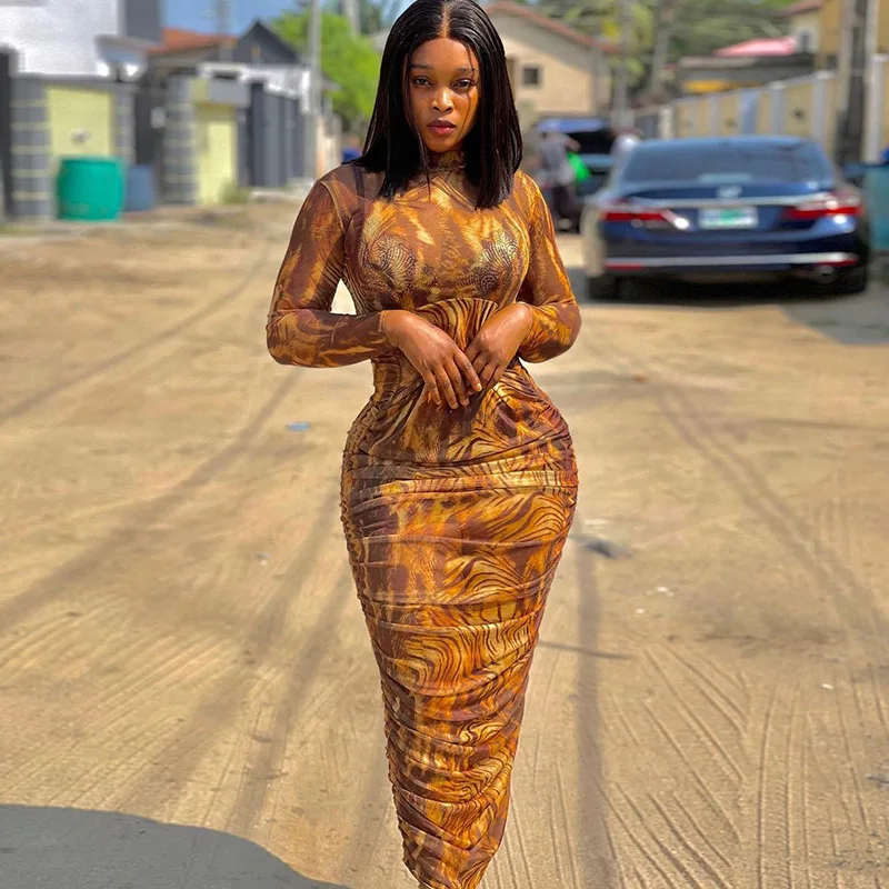 

Free Shipping R01047 - women new fashion long sleeve mesh printed maxi dresses