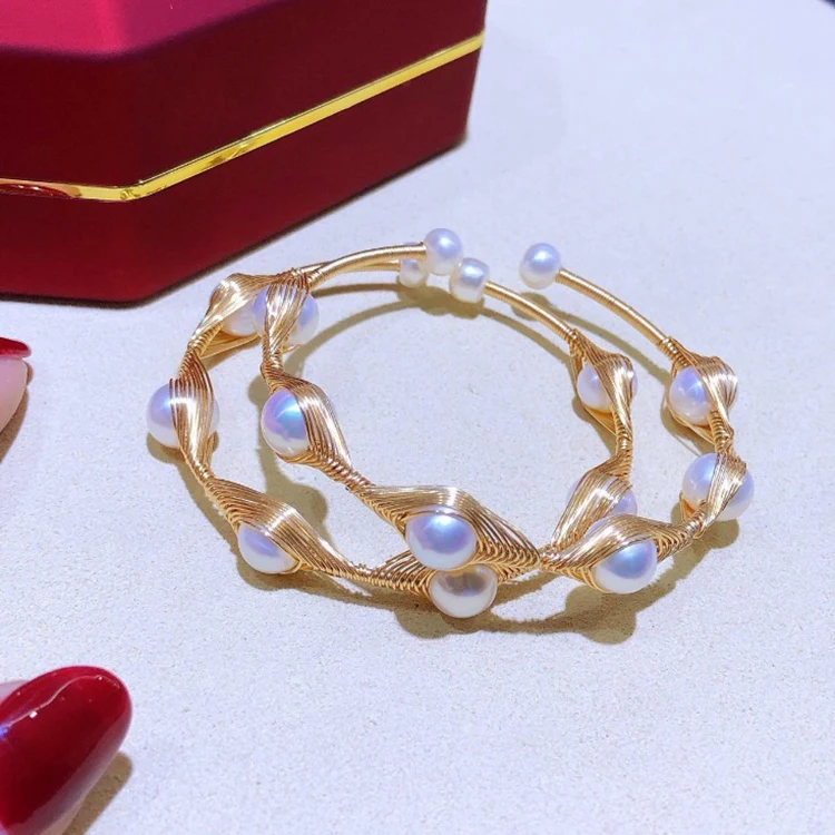

Handmade jewelry natural freshwater pearl bracelet open gold bracelet custom bracelets women 14k gold plated bangles gift, Gold color