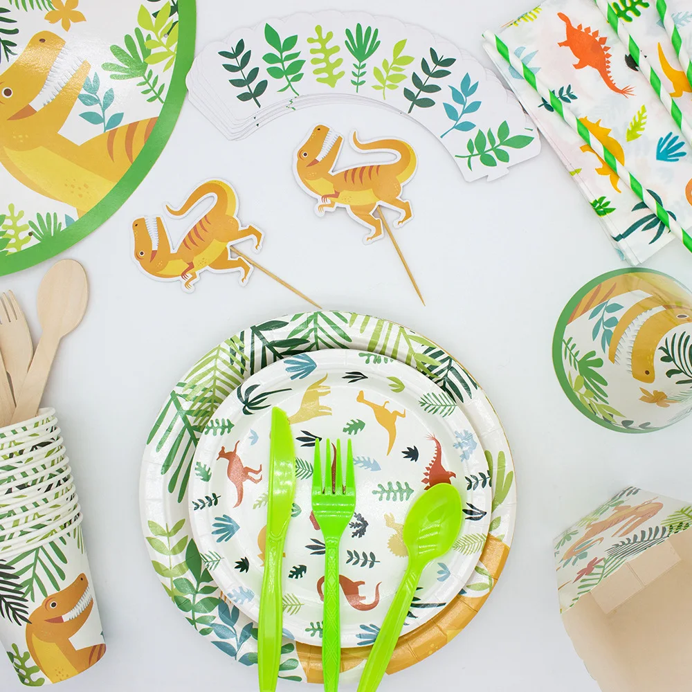 

DAMAI Dinosaur Themed Party Paper Plates Party Plates and Cups and Napkins Sets Birthday Disposable Party Tableware Set