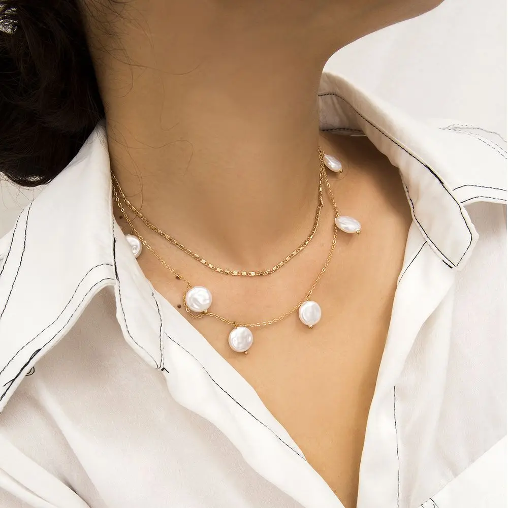 

2019 Fashion Thin Chain Dainty Round Pearl Drop Pearl Dangle Charm Double Layer Women Necklace