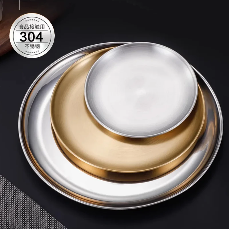 

Food Grade 304 Stainless Steel Gold Wedding Plate Sets Korean Round Metal Dishes & Plates Dinnerware Set