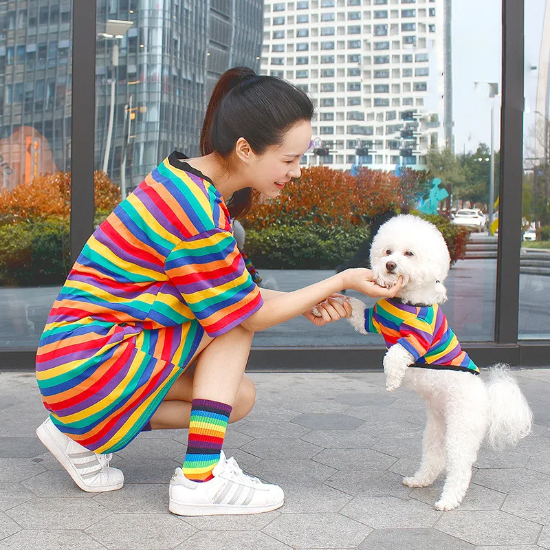 

Wholesale spring summer fashion parent-child outfit matching dog and owner colorful striped t-shirt, Picture