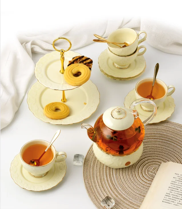 

High quality dinnerware porcelain tea set ceramic coffee tea cup and saucer tea kettle with warmer