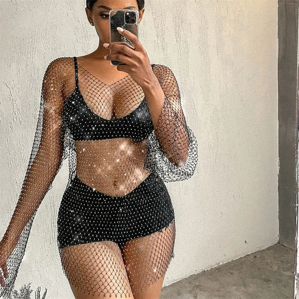 

Fantasy Elastic Fishnet Cover Up Swimwear Nightwear Party Club Bodycon mesh long sleeve Rhinestone Lingerie Women Sexy Dresses