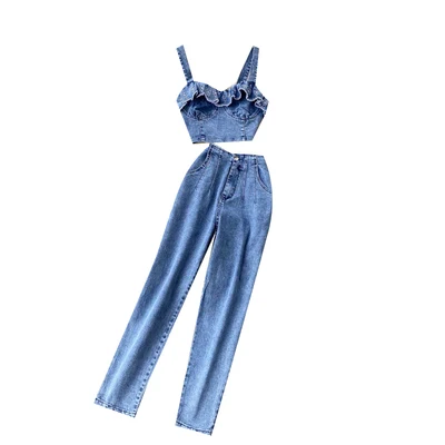 

A399 Summer Women Fashion Denim Blouse And Jeans Skirt Two Piece Sets Women Clothing