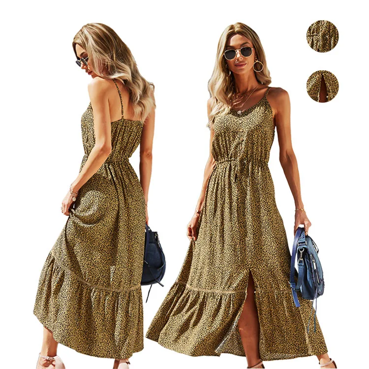 

Summer Spaghetti Strap Long Swing Dress Woman Leopard Print Maxi Dress, 1 color