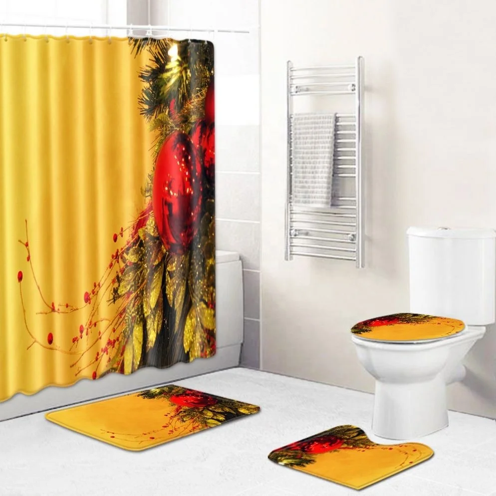 

Christmas Shower Curtain Mat 4-piece Set Cute Cartoon Print Shower Curtain Carpet, Picture
