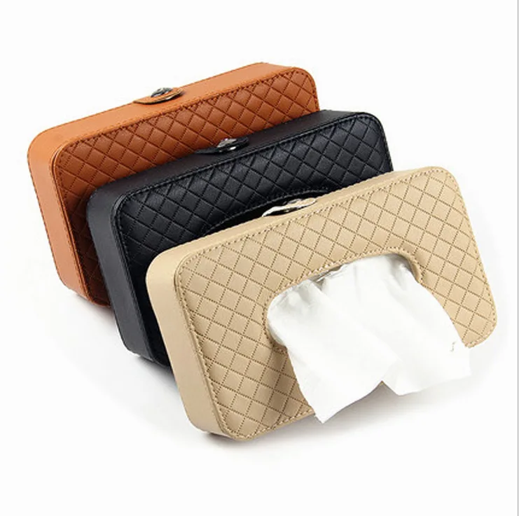 

PU Tissue Box Holder For Car Tissue Box Leather Sun Visor Hanging paper Box Car Paper Towel Napkin Tissue Holder, Black brown beige
