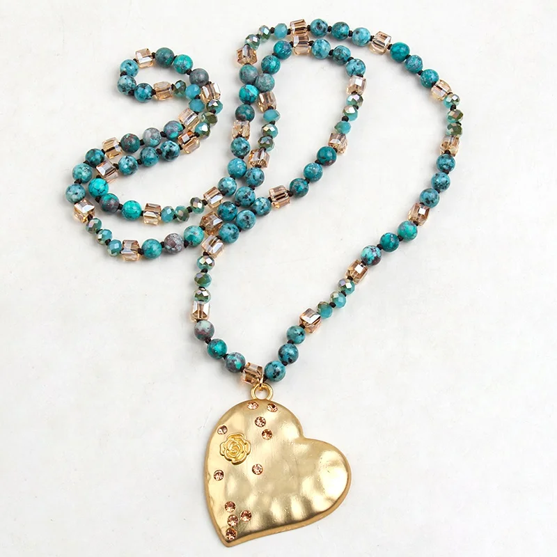 

New Style Women Valentine Lover 6mm Crystal glass Beaded Gemstone Rhinestone Heart Pendant Necklace