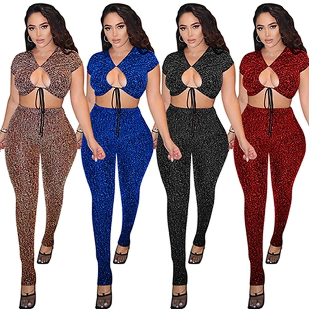 

Tie Front Crop Top and Pants Set Two Piece Sexy Club Outfits for Women