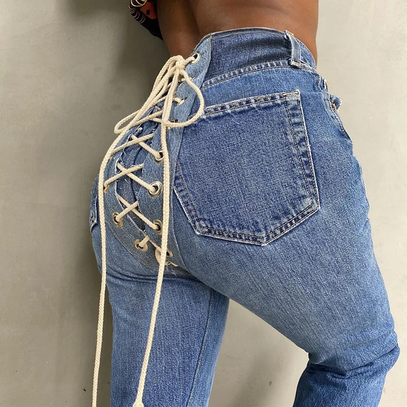 

C0303SW78 New Arrivals Mid Waist Lace Up Regular Ripped Denim Jeans Pants For Women, 1 color
