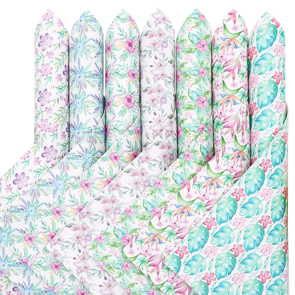 

7PCS/SET Pastel Colors Floral Flower Printing Synthetic Printed Leather Faux Leather Fabric Sheets Bundle For Bows Craft