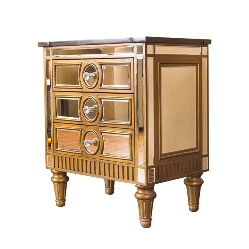 

2021 hot selling hotel Antique solid wood silver mirror furniture bed night table gold chest of drawers, Golden