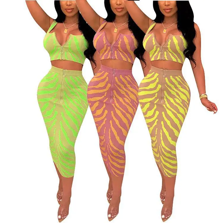 

Stylish V Neck Printed Zipper Bodycon Midi Summer Dress Two Piece Set Women Clothing