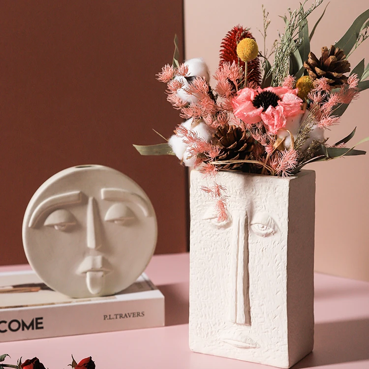 

Factory wholesale nordic ins Creative human face art ceramic flower arrangement vase, Earthy/yellow