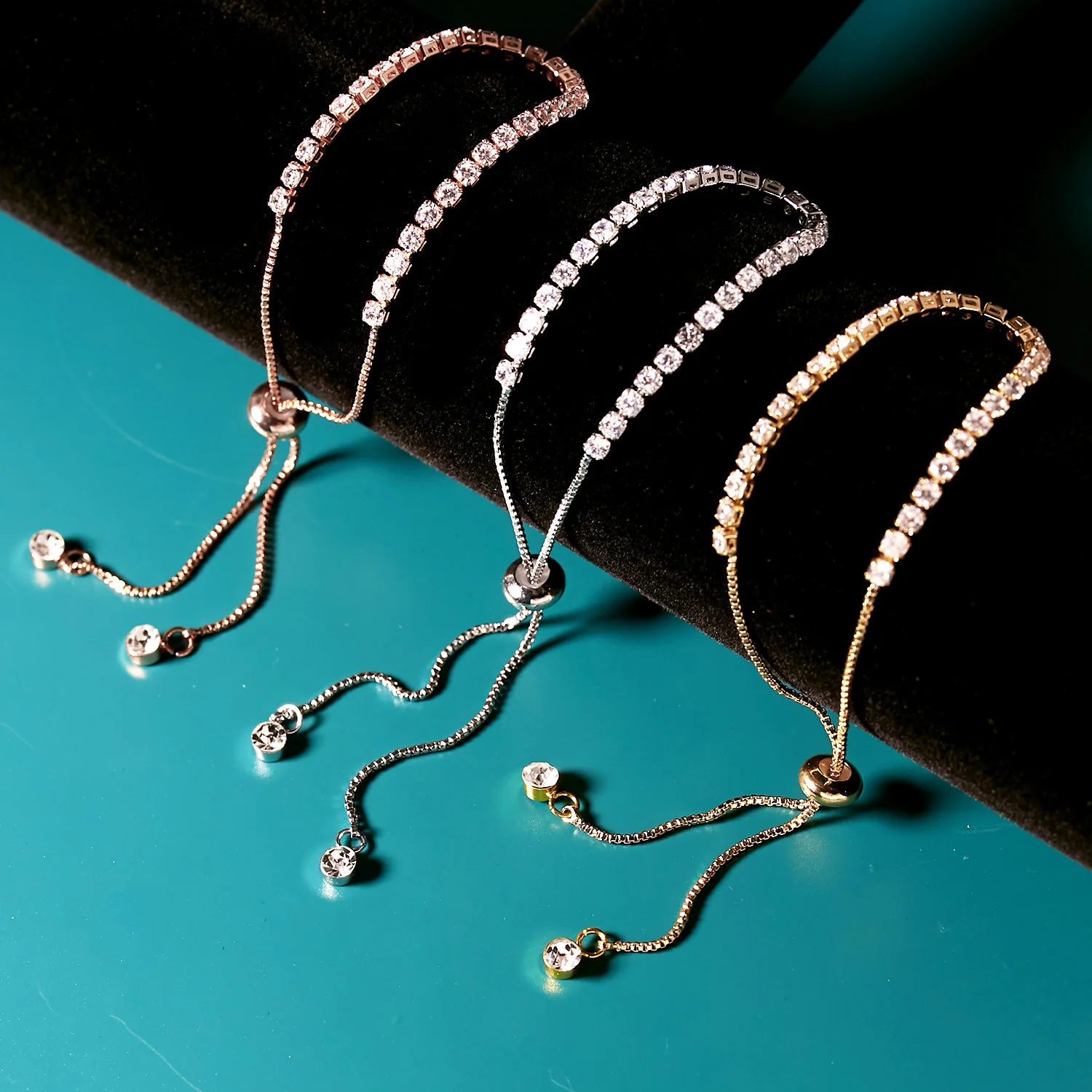 

Gold Silver Rose Gold Plated Pullable Cubic Zirconia CZ Tennis Chain Bracelet Classic Shiny Crystal Tennis Bracelet For Women