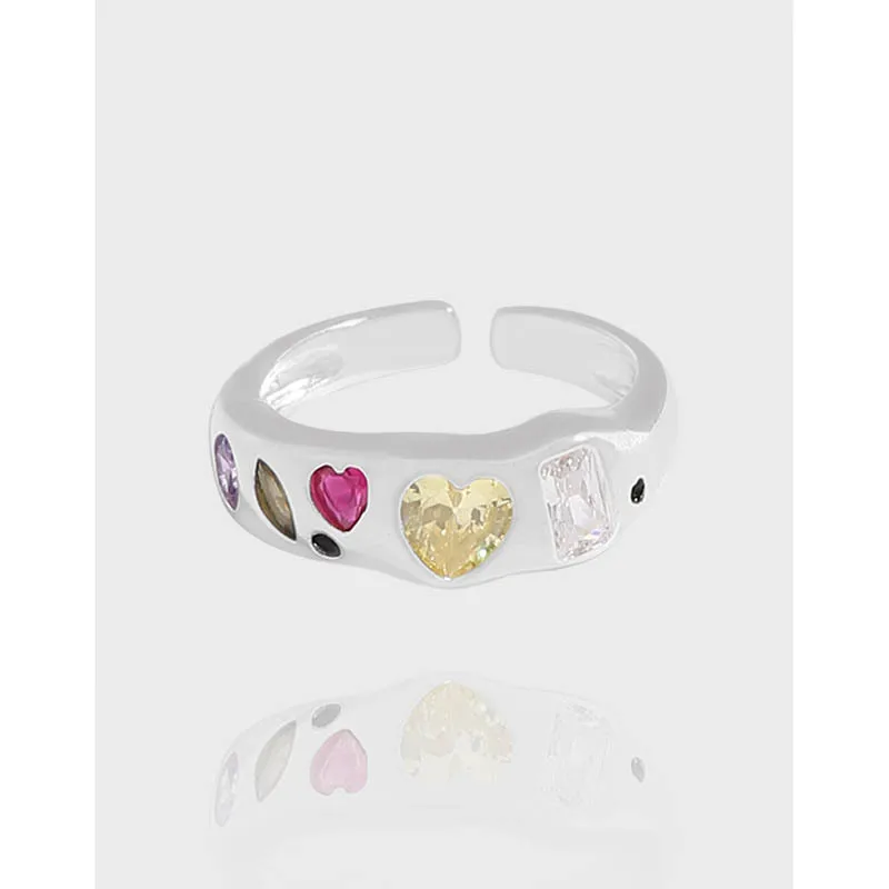 INS Fashion New 925 Sterling Silver Heart Shape Zircon Open Finger Rings for Girls Fine Jewelry