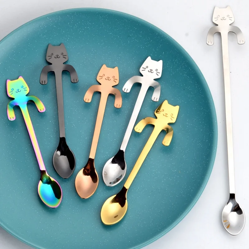 

stainless steel spoon for coffee tea spoon in cat shape coffee spoon with clip, Silver,gold, rose gold,black,colourful