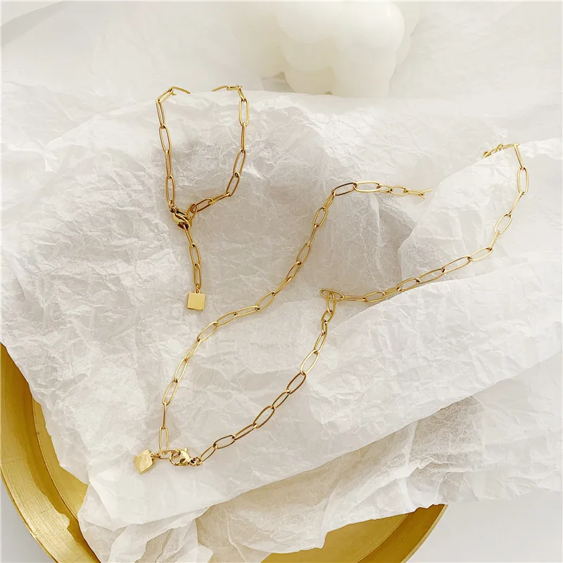 

2021 Fashion Minimalist 14K Gold Filled Link Chain Square Pendant Bracelet Necklace Sets