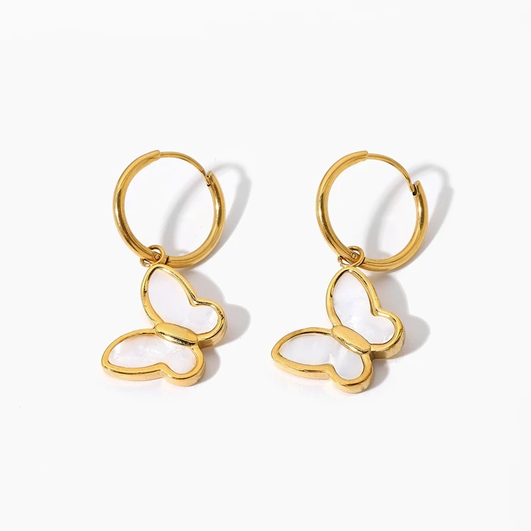 

Boho Stainless Steel Jewelry 18K Gold Plated Hoop Huggie Dangle Cute Natural Shell Cubic Butterfly Pendant Earrings Women