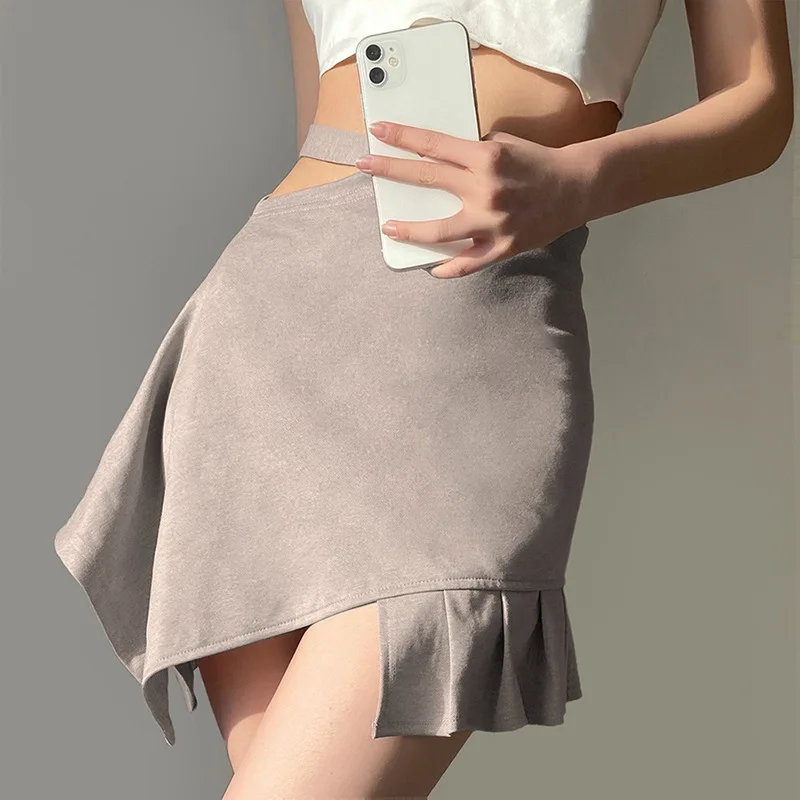 

fashion high waist asymmetric solid A-line mini skirt female summer new simple and versatile party holiday office lady skirt, Khaki