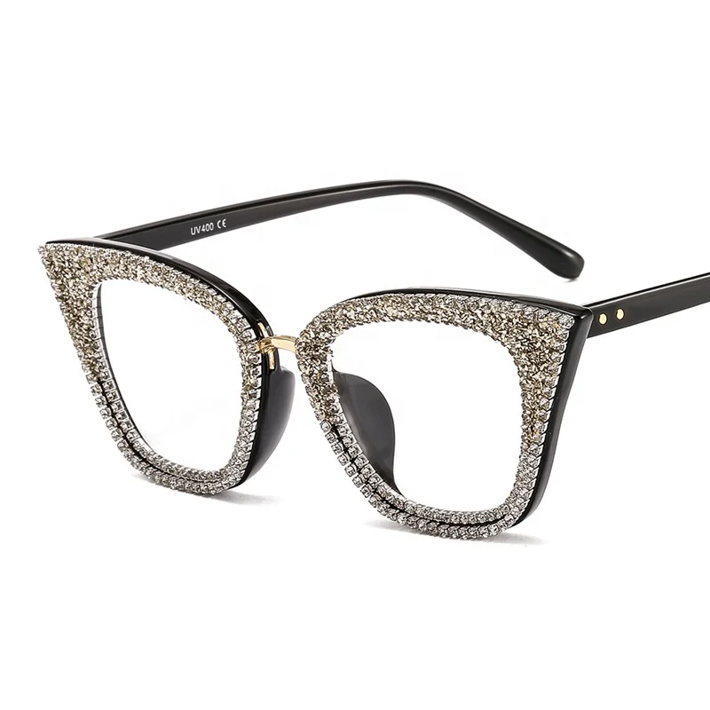 

Bling Rhinestone Retro Cat Eye Sunglasses Fashion Flat Frame Glasses For Women, Colors