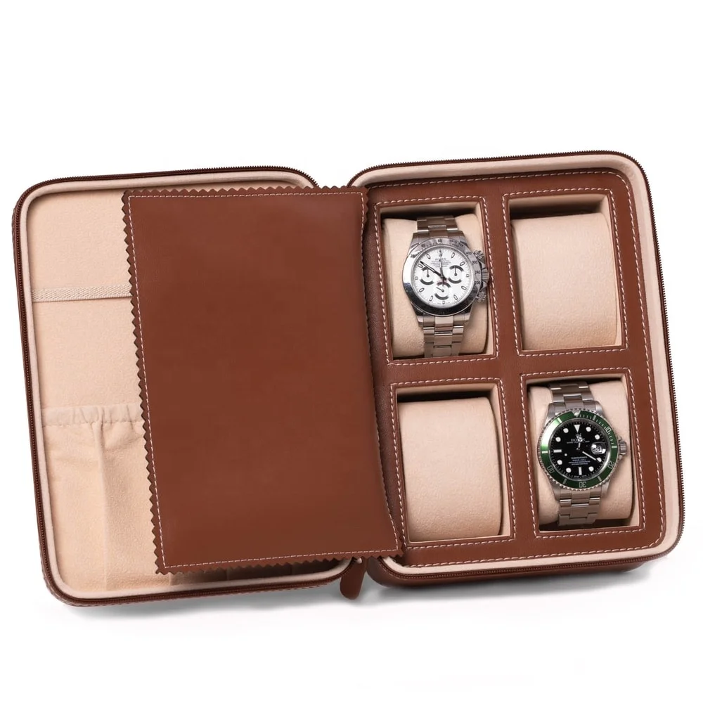 

Manufacturer Wholesale 4 Slots Round PU Black Watch Box Leather Portable Travel Watch Case Box, Customized
